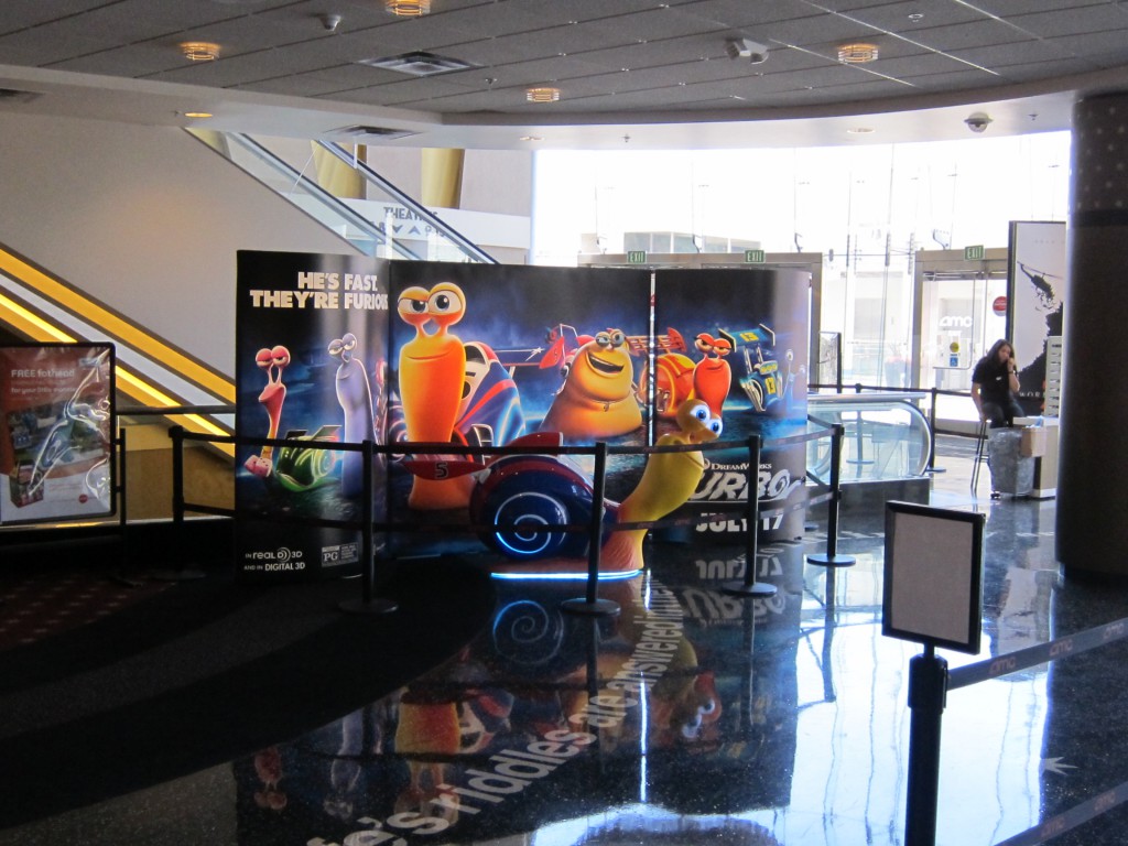 Fox's EPIC two sided & backlit display was easily reconfigured and reskinned for  Dreamworks Animation's TURBO display using the T3  system at the AMC Century 15 Theatre in Southern California.