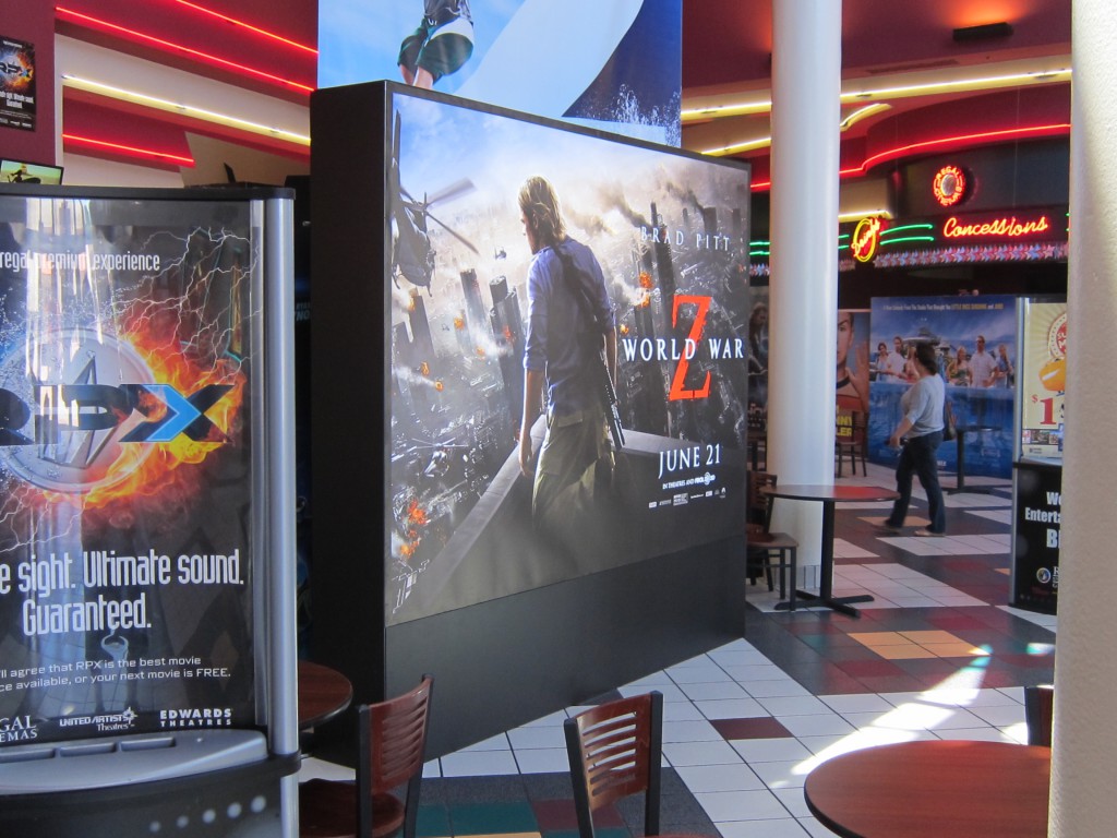Paramount's WORLD WAR Z 10ft wide x 9ft high display using the T3 framing system in a Northern California theatre lobby.