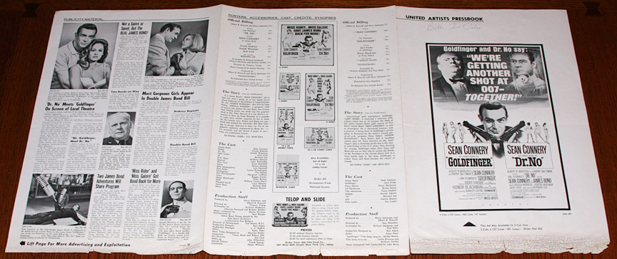 The pressbook for a re-release of DR. NO and GOLDFINGER  with publicity stories to be used by the exhibitor for local newspapers as well as images of available advertising materials that could be ordered thru NSS.